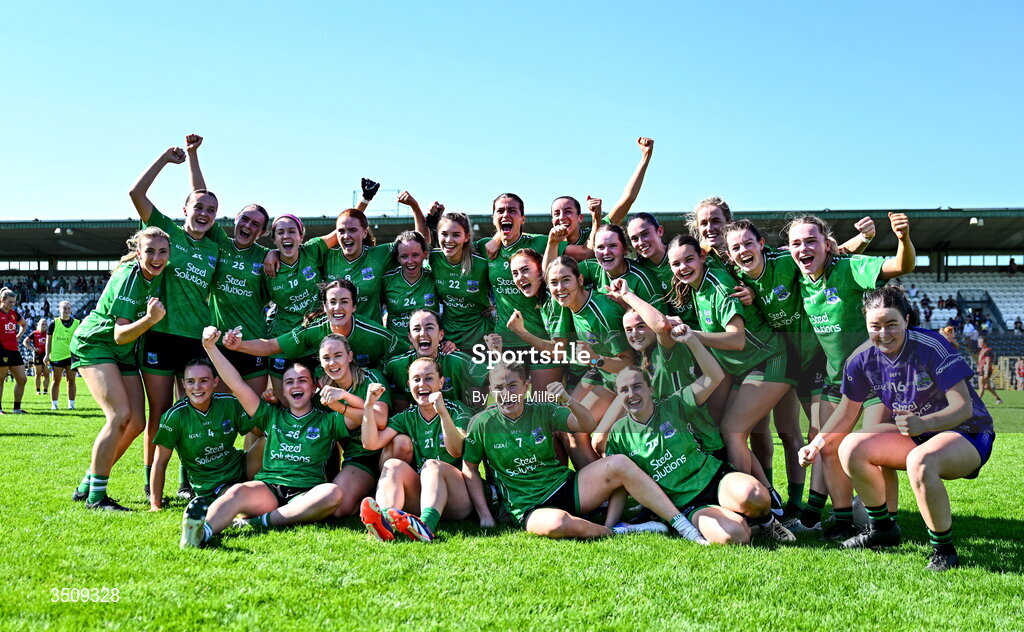 12 July 2026; The Fermanagh team celebrate after the LGFA TG4 All-Ireland Intermediate Championship semi-final match between Down and Fermanagh at St Tiernach’s Park in Clones, Monaghan. Photo by Tyler Miller/Sportsfile