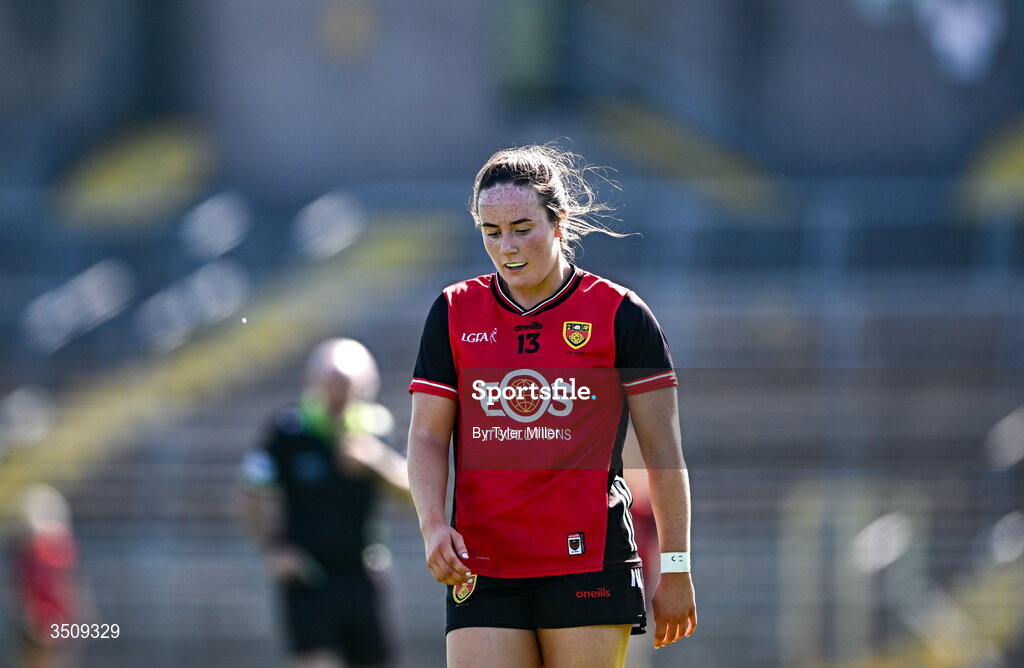 12 July 2026; Niamh King of Down reacts during the LGFA TG4 All-Ireland Intermediate Championship semi-final match between Down and Fermanagh at St Tiernach’s Park in Clones, Monaghan. Photo by Tyler Miller/Sportsfile