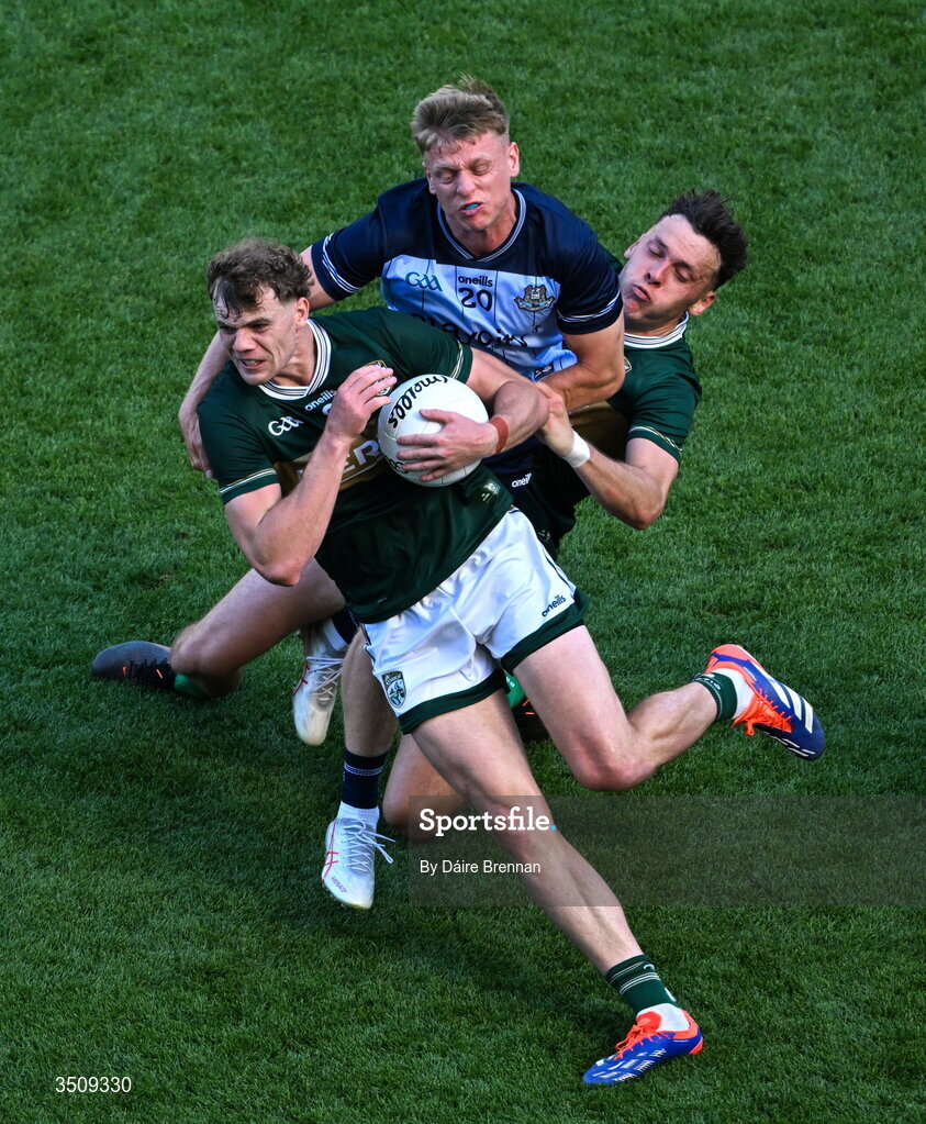 12 July 2026; Kerry players Mark O'Shea, left, and David Clifford in action against Cian Murphy of Dublin during the GAA Football All-Ireland Senior Championship semi-final match between Dublin and Kerry at Croke Park in Dublin. Photo by Dáire Brennan/Sportsfile