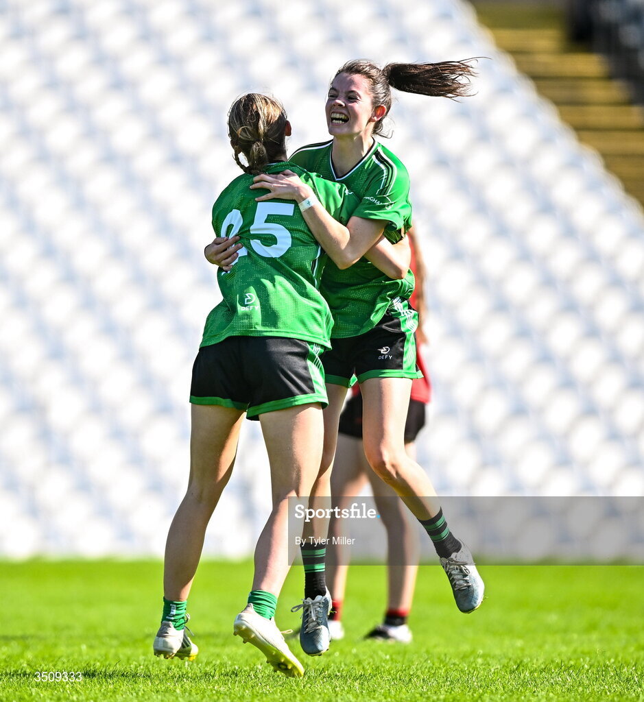12 July 2026; Aisling O'Brien, right, and Ellie Carrigan of Fermanagh celebrate at the full-time whistle during the LGFA TG4 All-Ireland Intermediate Championship semi-final match between Down and Fermanagh at St Tiernach’s Park in Clones, Monaghan. Photo by Tyler Miller/Sportsfile