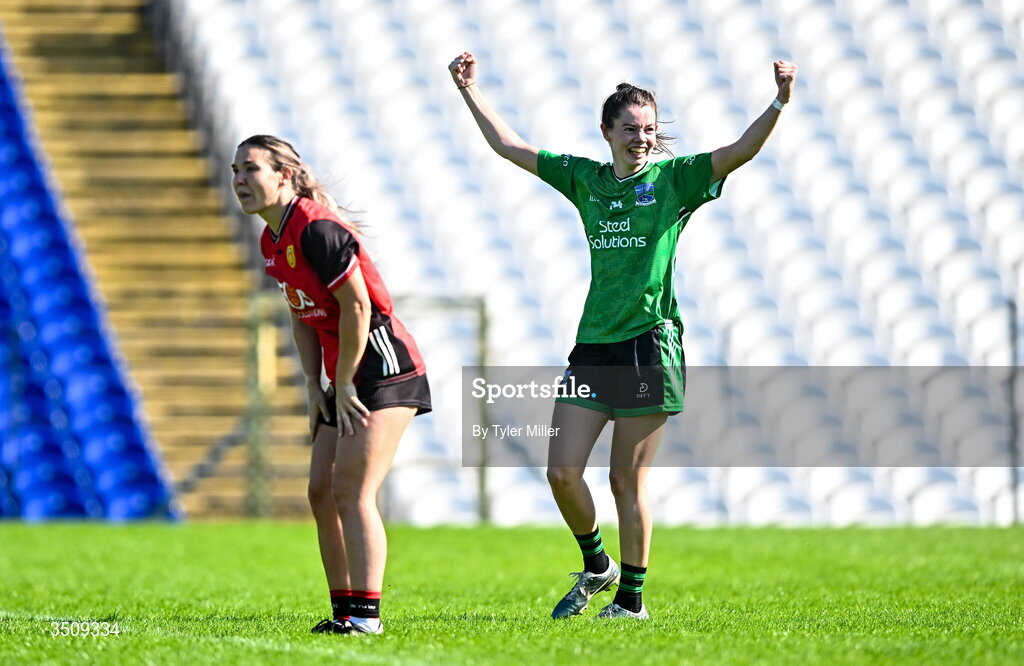 12 July 2026; Aisling O'Brien of Fermanagh celebrates at the full-time whistle during the LGFA TG4 All-Ireland Intermediate Championship semi-final match between Down and Fermanagh at St Tiernach’s Park in Clones, Monaghan. Photo by Tyler Miller/Sportsfile