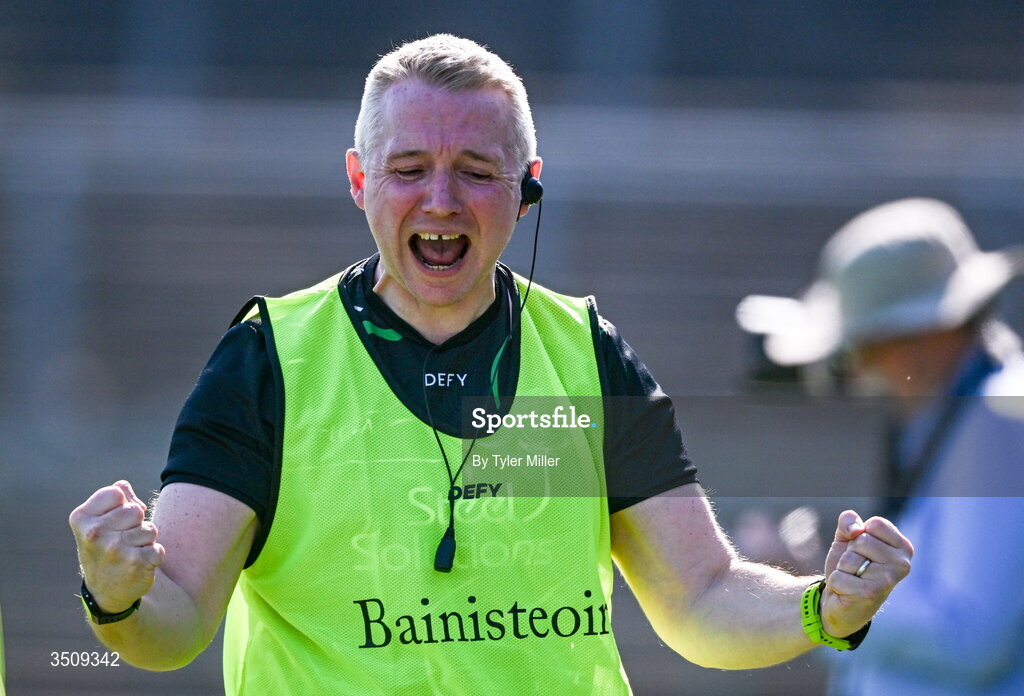 12 July 2026; Fermanagh manager Barry McKenna celebrates during the LGFA TG4 All-Ireland Intermediate Championship semi-final match between Down and Fermanagh at St Tiernach’s Park in Clones, Monaghan. Photo by Tyler Miller/Sportsfile