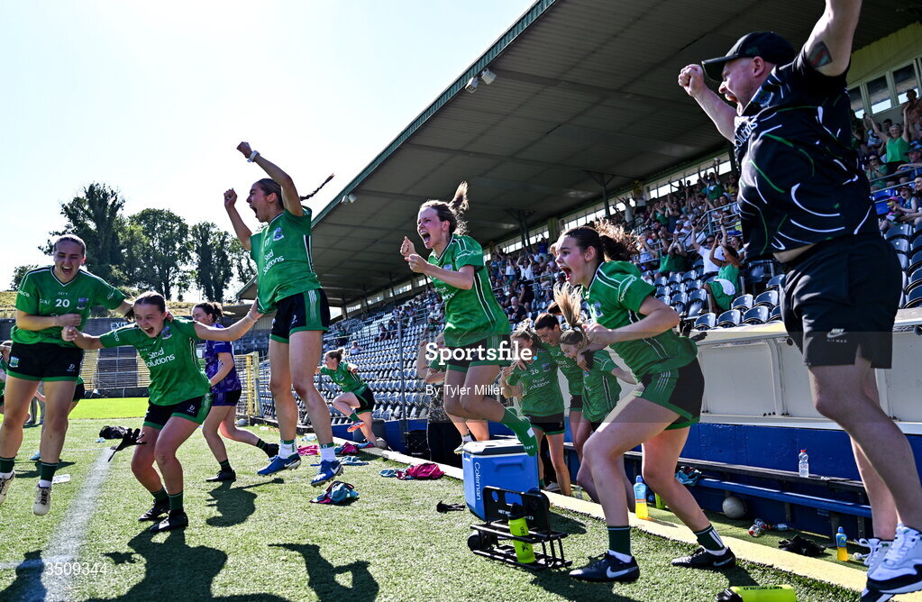 12 July 2026; The Fermanagh bench celebrate at the full-time whistle during the LGFA TG4 All-Ireland Intermediate Championship semi-final match between Down and Fermanagh at St Tiernach’s Park in Clones, Monaghan. Photo by Tyler Miller/Sportsfile