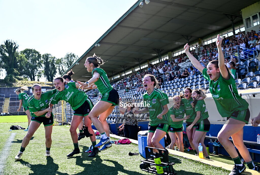 12 July 2026; The Fermanagh bench celebrate at the full-time whistle during the LGFA TG4 All-Ireland Intermediate Championship semi-final match between Down and Fermanagh at St Tiernach’s Park in Clones, Monaghan. Photo by Tyler Miller/Sportsfile