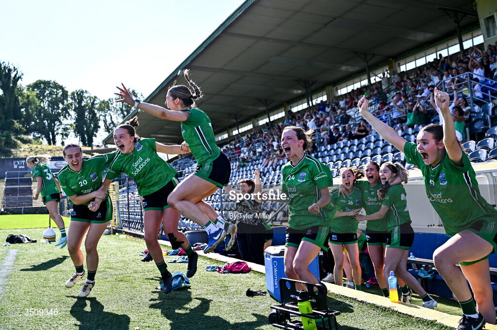 12 July 2026; The Fermanagh bench celebrate at the full-time whistle during the LGFA TG4 All-Ireland Intermediate Championship semi-final match between Down and Fermanagh at St Tiernach’s Park in Clones, Monaghan. Photo by Tyler Miller/Sportsfile