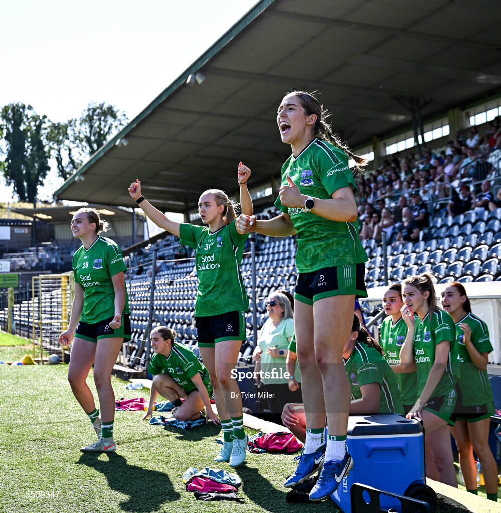 12 July 2026; The Fermanagh bench including Seana Feeley, right, celebrate during the LGFA TG4 All-Ireland Intermediate Championship semi-final match between Down and Fermanagh at St Tiernach’s Park in Clones, Monaghan. Photo by Tyler Miller/Sportsfile