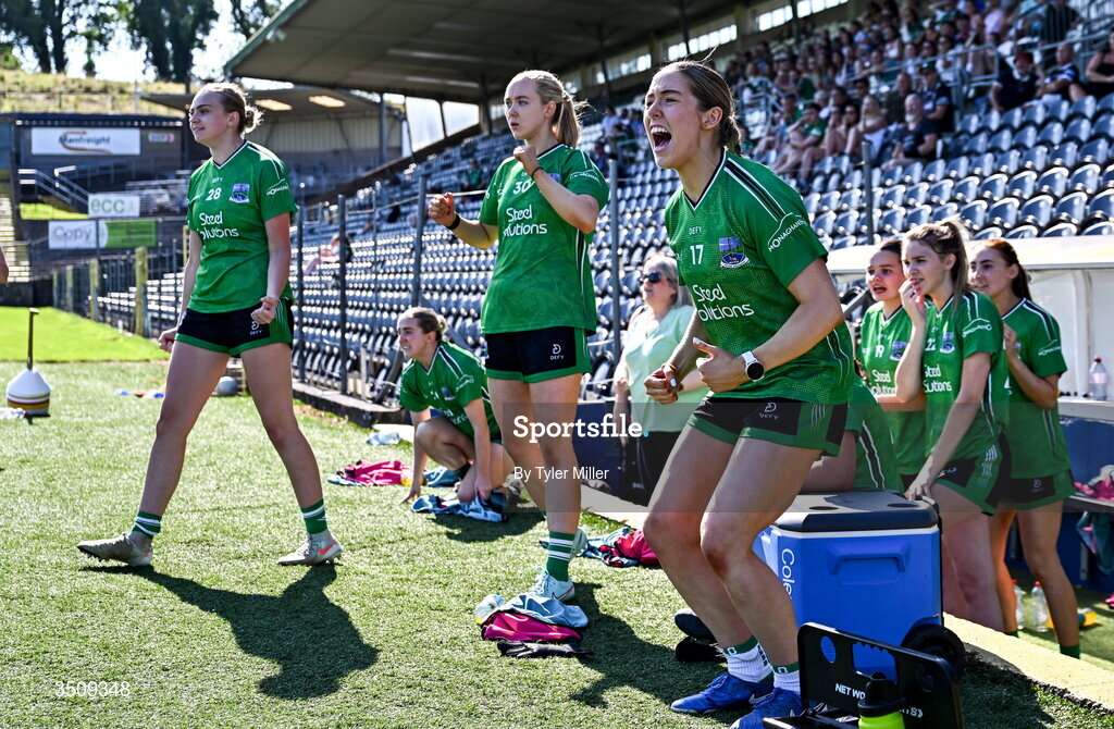 12 July 2026; The Fermanagh bench including Seana Feeley, 17, celebrate during the LGFA TG4 All-Ireland Intermediate Championship semi-final match between Down and Fermanagh at St Tiernach’s Park in Clones, Monaghan. Photo by Tyler Miller/Sportsfile