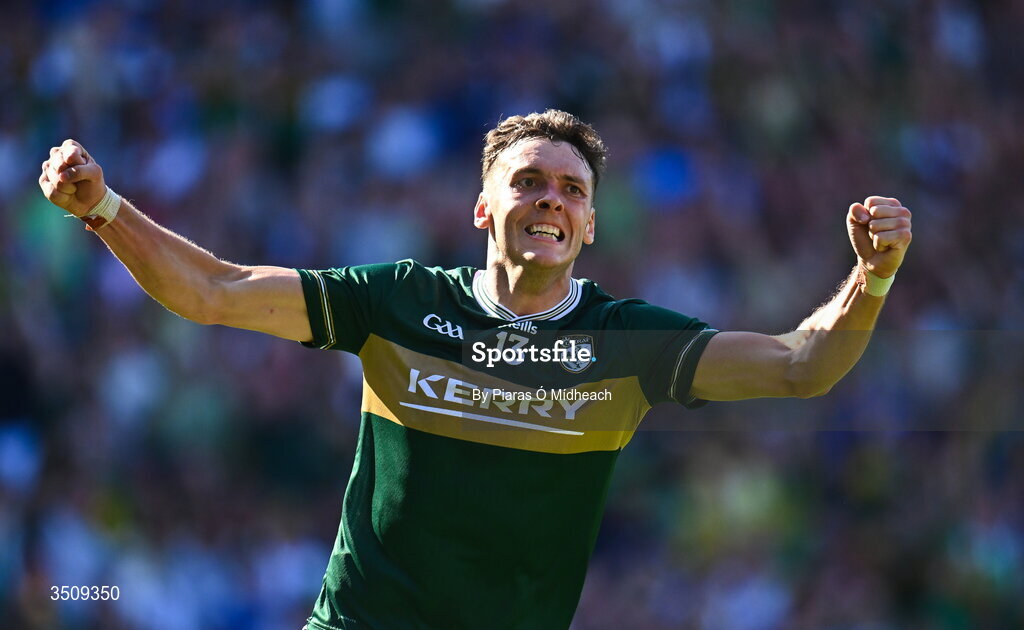 12 July 2026; David Clifford of Kerry celebrates after scoring a late point during the GAA Football All-Ireland Senior Championship semi-final match between Dublin and Kerry at Croke Park in Dublin. Photo by Piaras Ó Mídheach/Sportsfile