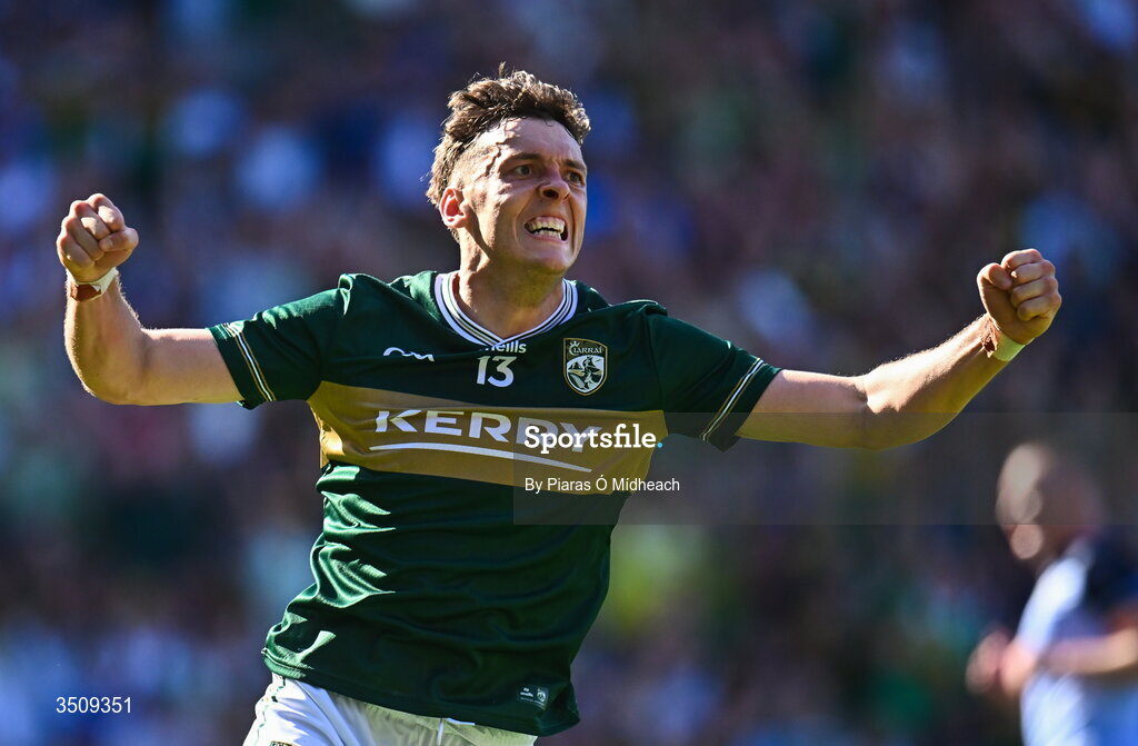 12 July 2026; David Clifford of Kerry celebrates after scoring a late point during the GAA Football All-Ireland Senior Championship semi-final match between Dublin and Kerry at Croke Park in Dublin. Photo by Piaras Ó Mídheach/Sportsfile