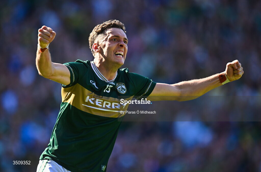 12 July 2026; David Clifford of Kerry celebrates after scoring a late point during the GAA Football All-Ireland Senior Championship semi-final match between Dublin and Kerry at Croke Park in Dublin. Photo by Piaras Ó Mídheach/Sportsfile