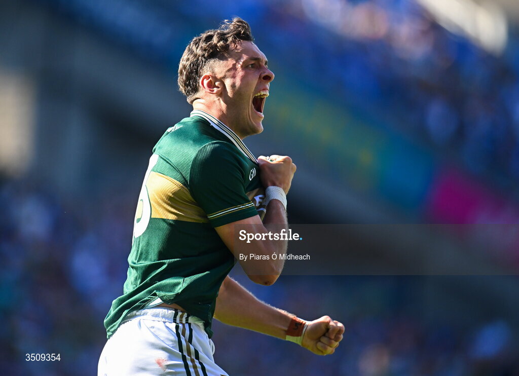 12 July 2026; David Clifford of Kerry celebrates after scoring a late point during the GAA Football All-Ireland Senior Championship semi-final match between Dublin and Kerry at Croke Park in Dublin. Photo by Piaras Ó Mídheach/Sportsfile