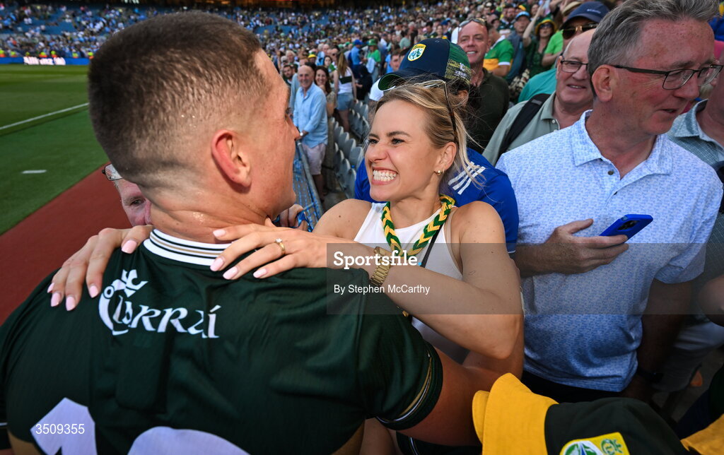 12 July 2026; Joe O'Connor of Kerry celebrates with his sister-in-law Kinga after the GAA Football All-Ireland Senior Championship semi-final match between Dublin and Kerry at Croke Park in Dublin. Photo by Stephen McCarthy/Sportsfile