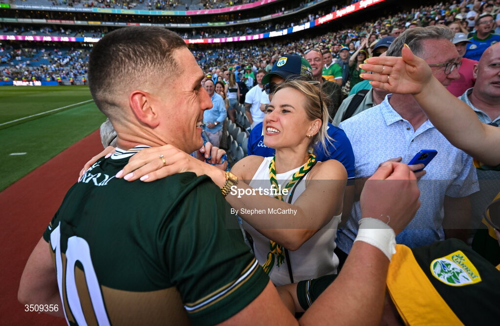 12 July 2026; Joe O'Connor of Kerry celebrates with his sister-in-law Kinga after the GAA Football All-Ireland Senior Championship semi-final match between Dublin and Kerry at Croke Park in Dublin. Photo by Stephen McCarthy/Sportsfile