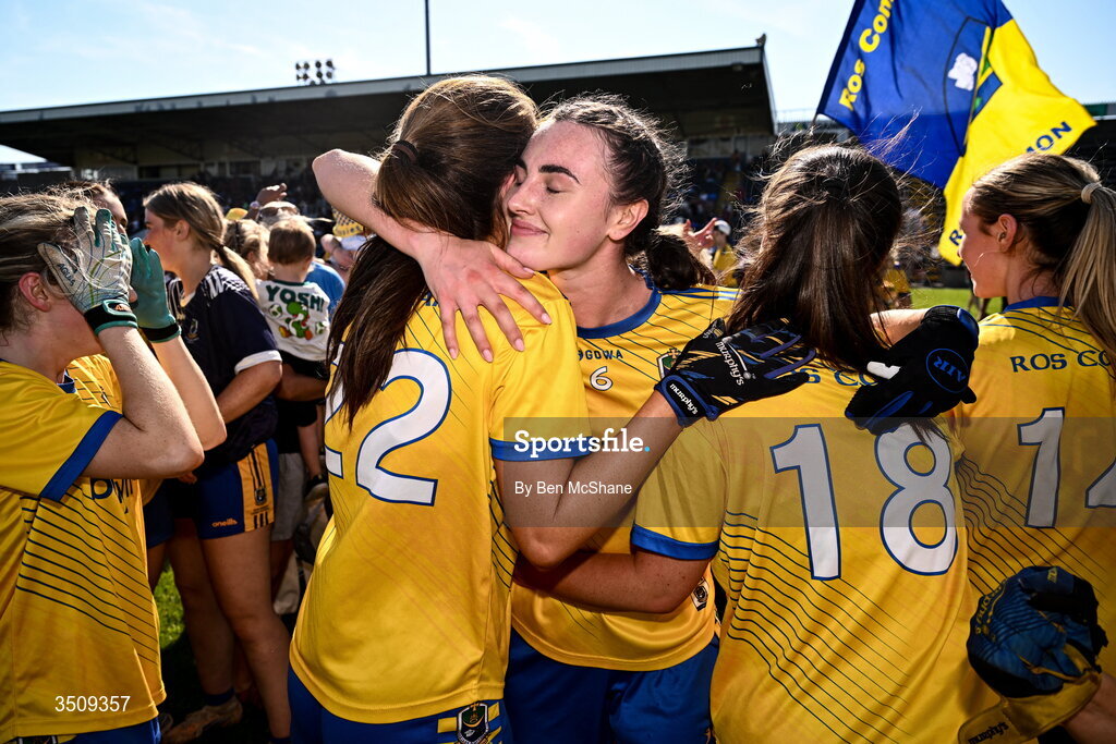 12 July 2026; Roscommon players, from left, Niamh Watson, Ruth Cox and Grainne Lohan celebrate after the LGFA TG4 All-Ireland Intermediate Championship semi-final match between Roscommon and Westmeath at Kingspan Breffni in Cavan. Photo by Ben McShane/Sportsfile