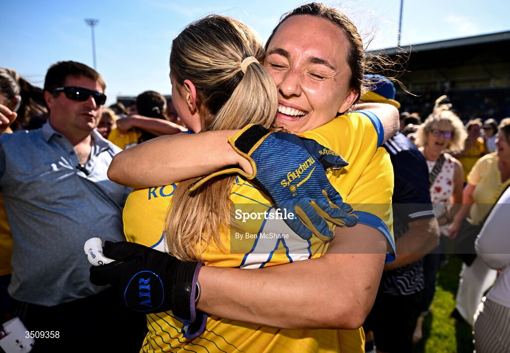 12 July 2026; Caoimhe Lennon, right, and Kate Nolan of Roscommon celebrate after the LGFA TG4 All-Ireland Intermediate Championship semi-final match between Roscommon and Westmeath at Kingspan Breffni in Cavan. Photo by Ben McShane/Sportsfile