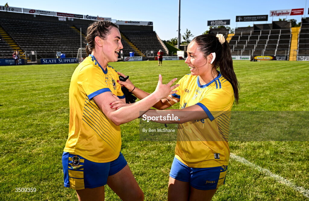 12 July 2026; Ruth Cox, left, and Saoirse Wynne of Roscommon celebrate after the LGFA TG4 All-Ireland Intermediate Championship semi-final match between Roscommon and Westmeath at Kingspan Breffni in Cavan. Photo by Ben McShane/Sportsfile