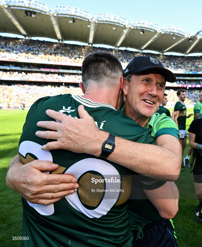 12 July 2026; Kerry manager Jack O'Connor, right, celebrates with Seán O'Shea of Kerry after the GAA Football All-Ireland Senior Championship semi-final match between Dublin and Kerry at Croke Park in Dublin. Photo by Stephen McCarthy/Sportsfile