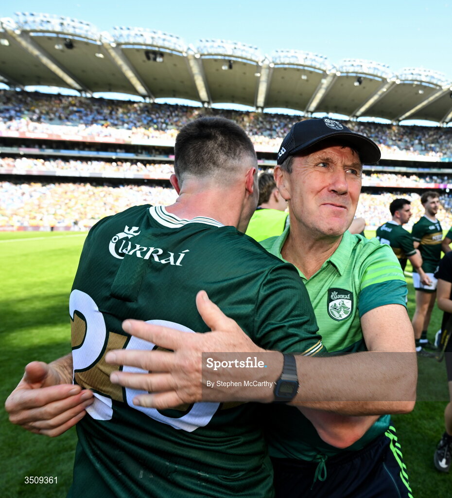 12 July 2026; Kerry manager Jack O'Connor, right, celebrates with Seán O'Shea of Kerry after the GAA Football All-Ireland Senior Championship semi-final match between Dublin and Kerry at Croke Park in Dublin. Photo by Stephen McCarthy/Sportsfile