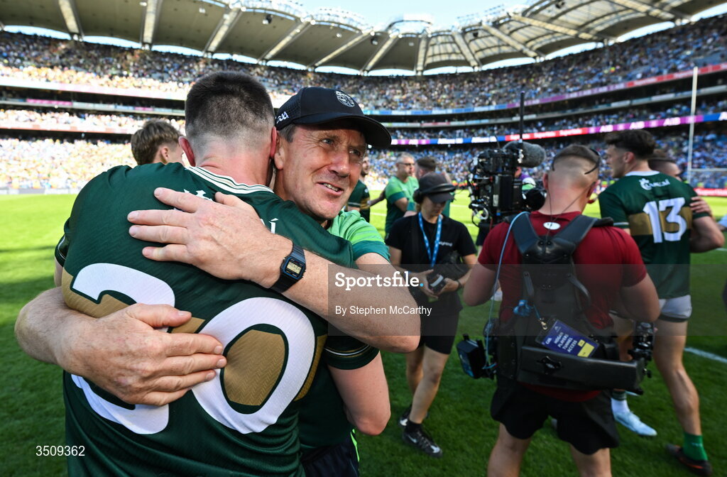 12 July 2026; Kerry manager Jack O'Connor, right, celebrates with Seán O'Shea of Kerry after the GAA Football All-Ireland Senior Championship semi-final match between Dublin and Kerry at Croke Park in Dublin. Photo by Stephen McCarthy/Sportsfile