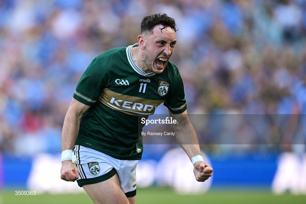 12 July 2026; Paudie Clifford of Kerry celebrates at the final whistle of the GAA Football All-Ireland Senior Championship semi-final match between Dublin and Kerry at Croke Park in Dublin. Photo by Ramsey Cardy/Sportsfile
