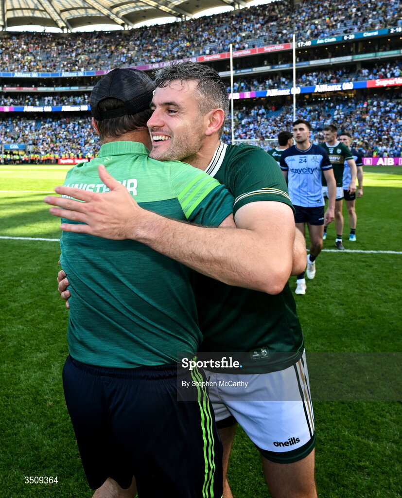 12 July 2026; Graham O'Sullivan of Kerry, right, celebrates with manager Jack O'Connor after the GAA Football All-Ireland Senior Championship semi-final match between Dublin and Kerry at Croke Park in Dublin. Photo by Stephen McCarthy/Sportsfile