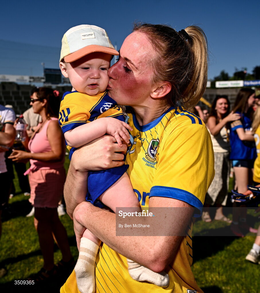 12 July 2026; Laura Mannion of Roscommon with her son Éanna after the LGFA TG4 All-Ireland Intermediate Championship semi-final match between Roscommon and Westmeath at Kingspan Breffni in Cavan. Photo by Ben McShane/Sportsfile