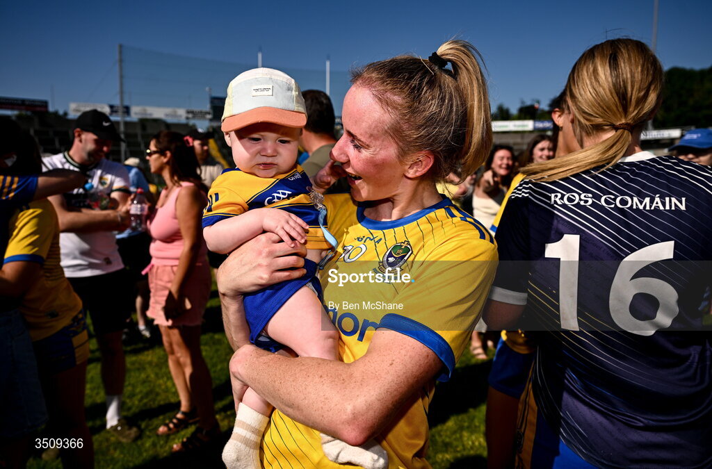 12 July 2026; Laura Mannion of Roscommon with her son Éanna after the LGFA TG4 All-Ireland Intermediate Championship semi-final match between Roscommon and Westmeath at Kingspan Breffni in Cavan. Photo by Ben McShane/Sportsfile