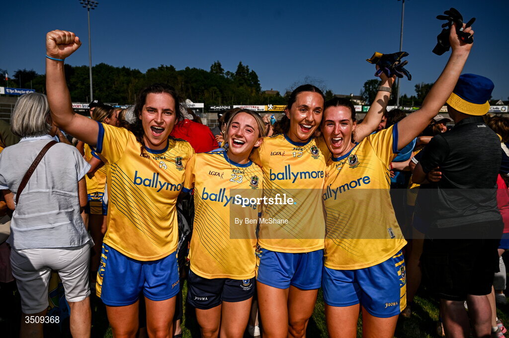 12 July 2026; Roscommon players, from left, Roise Lennon, Mia Macken, Caoimhe Lennon and Aine Connaughton celebrate after the LGFA TG4 All-Ireland Intermediate Championship semi-final match between Roscommon and Westmeath at Kingspan Breffni in Cavan. Photo by Ben McShane/Sportsfile