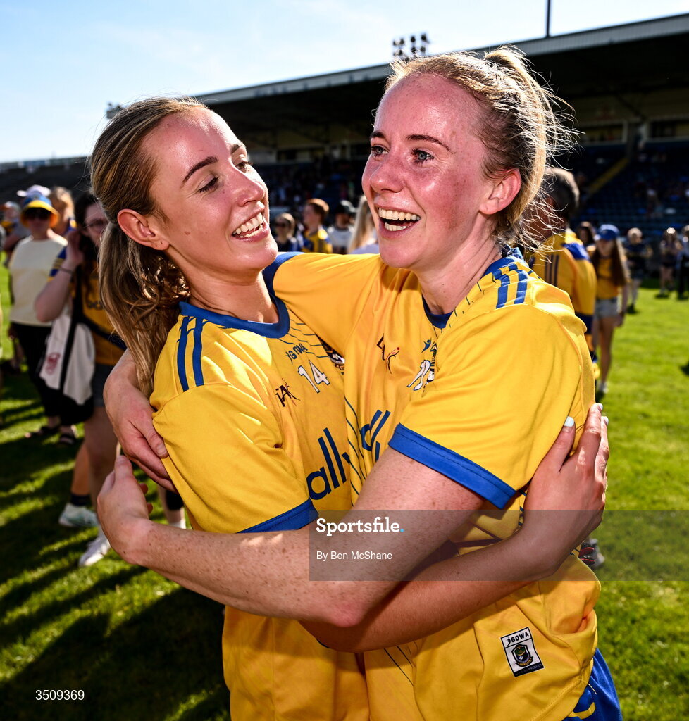 12 July 2026; Laura Mannion, right, and Kate Nolan of Roscommon celebrate after the LGFA TG4 All-Ireland Intermediate Championship semi-final match between Roscommon and Westmeath at Kingspan Breffni in Cavan. Photo by Ben McShane/Sportsfile