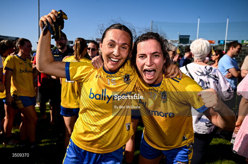12 July 2026; Caoimhe Lennon, left, and Roise Lennon of Roscommon celebrate after the LGFA TG4 All-Ireland Intermediate Championship semi-final match between Roscommon and Westmeath at Kingspan Breffni in Cavan. Photo by Ben McShane/Sportsfile