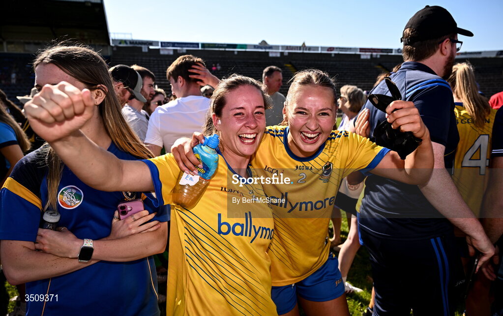 12 July 2026; Rachel Fitzmaurice, left, and Megan McKeon of Roscommon celebrate after the LGFA TG4 All-Ireland Intermediate Championship semi-final match between Roscommon and Westmeath at Kingspan Breffni in Cavan. Photo by Ben McShane/Sportsfile