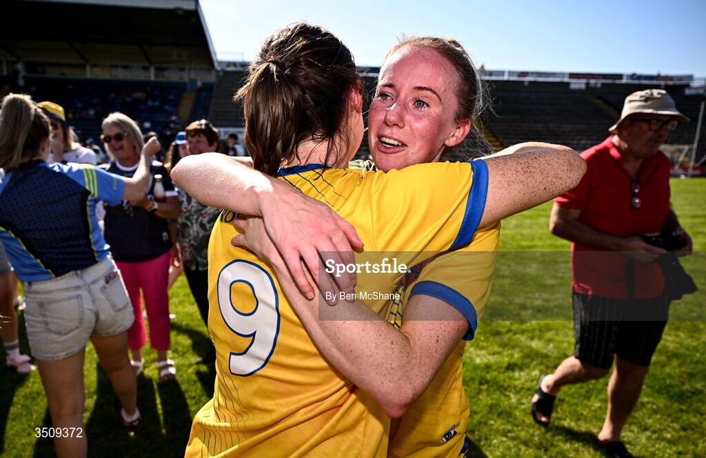 12 July 2026; Laura Mannion, right, and Abby Curran of Roscommon celebrate after the LGFA TG4 All-Ireland Intermediate Championship semi-final match between Roscommon and Westmeath at Kingspan Breffni in Cavan. Photo by Ben McShane/Sportsfile