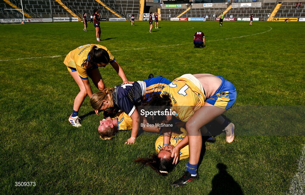 12 July 2026; Roscommon players celebrate after the LGFA TG4 All-Ireland Intermediate Championship semi-final match between Roscommon and Westmeath at Kingspan Breffni in Cavan. Photo by Ben McShane/Sportsfile