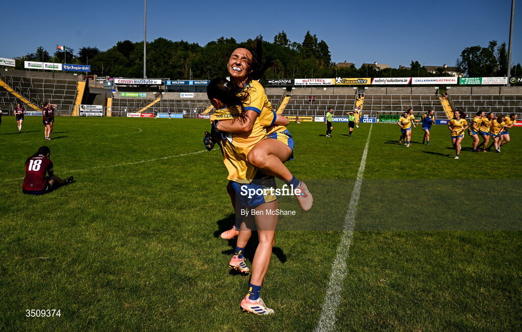 12 July 2026; Caoimhe Lennon, right, and Ella Thompson of Roscommon celebrate after the LGFA TG4 All-Ireland Intermediate Championship semi-final match between Roscommon and Westmeath at Kingspan Breffni in Cavan. Photo by Ben McShane/Sportsfile