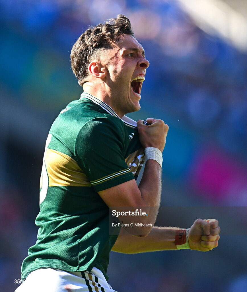 12 July 2026; David Clifford of Kerry celebrates after scoring a late point during the GAA Football All-Ireland Senior Championship semi-final match between Dublin and Kerry at Croke Park in Dublin. Photo by Piaras Ó Mídheach/Sportsfile