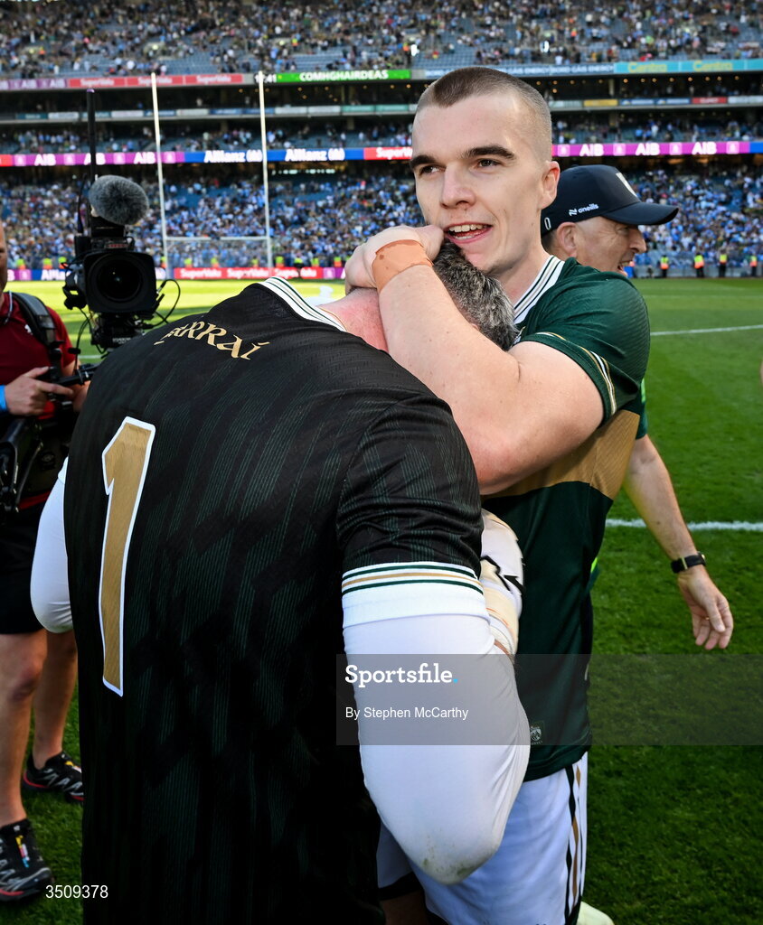 12 July 2026; Kerry players Shane Murphy, left, and Dylan Casey celebrate after the GAA Football All-Ireland Senior Championship semi-final match between Dublin and Kerry at Croke Park in Dublin. Photo by Stephen McCarthy/Sportsfile