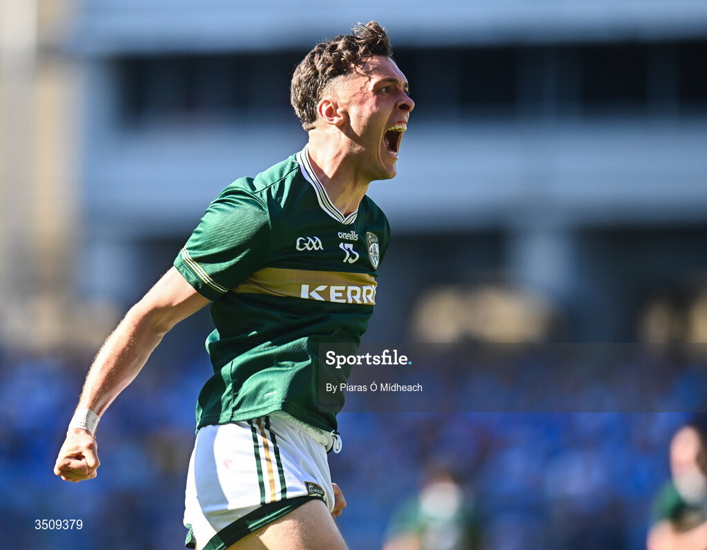 12 July 2026; David Clifford of Kerry celebrates after scoring a late point during the GAA Football All-Ireland Senior Championship semi-final match between Dublin and Kerry at Croke Park in Dublin. Photo by Piaras Ó Mídheach/Sportsfile