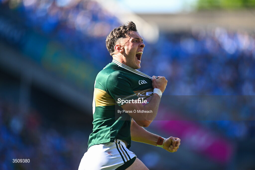 12 July 2026; David Clifford of Kerry celebrates after scoring a late point during the GAA Football All-Ireland Senior Championship semi-final match between Dublin and Kerry at Croke Park in Dublin. Photo by Piaras Ó Mídheach/Sportsfile