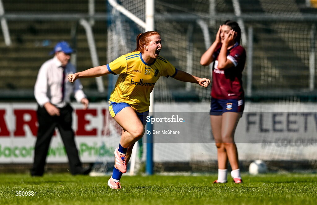 12 July 2026; Lauren Shanagher of Roscommon celebrates after scoring her side's winning goal during the LGFA TG4 All-Ireland Intermediate Championship semi-final match between Roscommon and Westmeath at Kingspan Breffni in Cavan. Photo by Ben McShane/Sportsfile