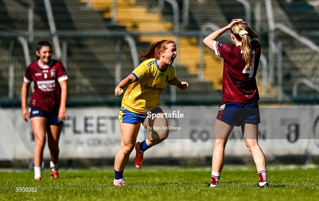 12 July 2026; Lauren Shanagher of Roscommon celebrates after scoring her side's winning goal during the LGFA TG4 All-Ireland Intermediate Championship semi-final match between Roscommon and Westmeath at Kingspan Breffni in Cavan. Photo by Ben McShane/Sportsfile