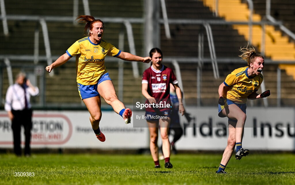 12 July 2026; Lauren Shanagher of Roscommon celebrates alongside teammate Laura Mannion, right, after scoring their side's winning goal during the LGFA TG4 All-Ireland Intermediate Championship semi-final match between Roscommon and Westmeath at Kingspan Breffni in Cavan. Photo by Ben McShane/Sportsfile