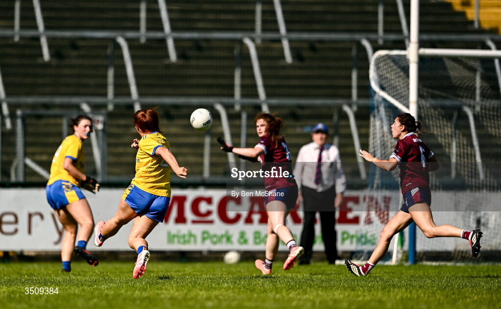 12 July 2026; Lauren Shanagher of Roscommon shoots to score her side's winning goal during the LGFA TG4 All-Ireland Intermediate Championship semi-final match between Roscommon and Westmeath at Kingspan Breffni in Cavan. Photo by Ben McShane/Sportsfile