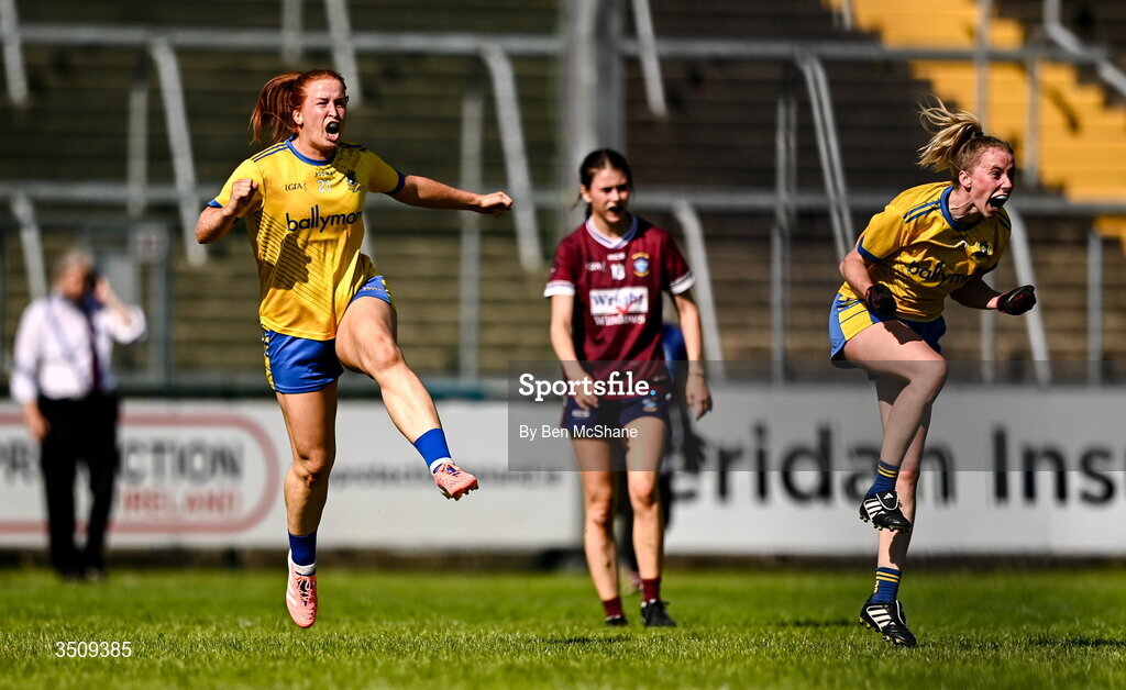 12 July 2026; Lauren Shanagher of Roscommon celebrates alongside teammate Laura Mannion, right, after scoring their side's winning goal during the LGFA TG4 All-Ireland Intermediate Championship semi-final match between Roscommon and Westmeath at Kingspan Breffni in Cavan. Photo by Ben McShane/Sportsfile