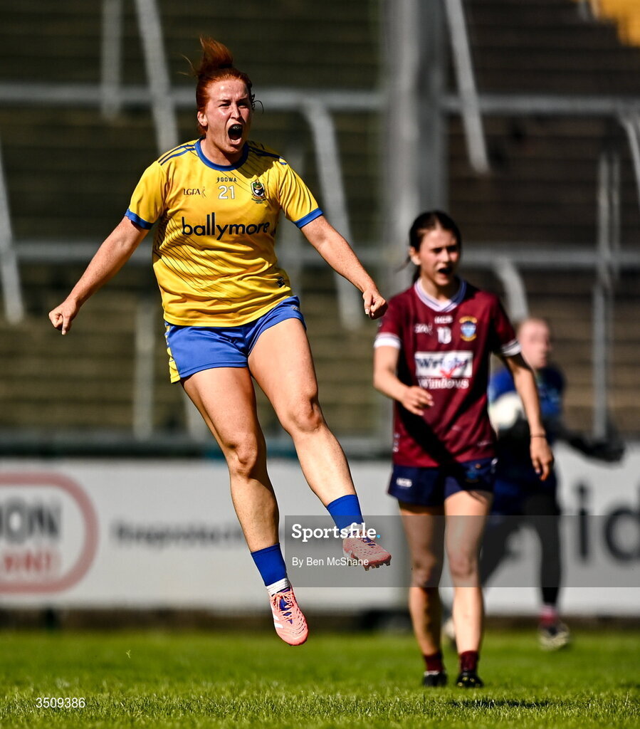 12 July 2026; Lauren Shanagher of Roscommon celebrates after scoring her side's winning goal during the LGFA TG4 All-Ireland Intermediate Championship semi-final match between Roscommon and Westmeath at Kingspan Breffni in Cavan. Photo by Ben McShane/Sportsfile
