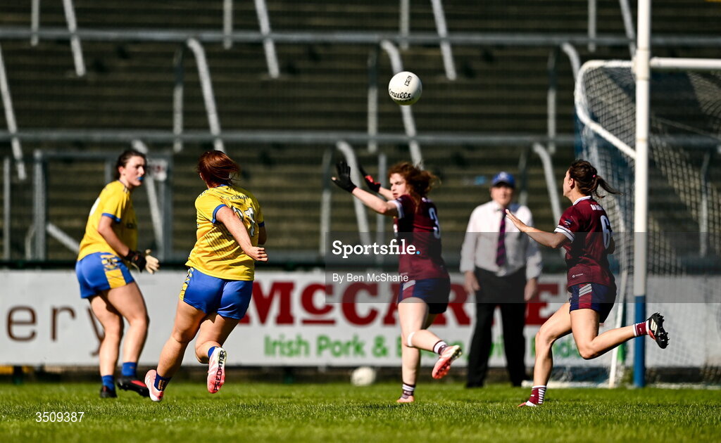 12 July 2026; Lauren Shanagher of Roscommon shoots to score her side's winning goal during the LGFA TG4 All-Ireland Intermediate Championship semi-final match between Roscommon and Westmeath at Kingspan Breffni in Cavan. Photo by Ben McShane/Sportsfile