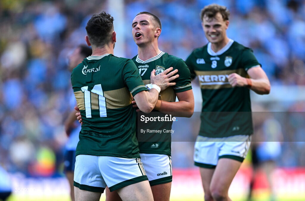 12 July 2026; Kerry players, from left, Paudie Clifford, Evan Looney and Mark O'Shea celebrate after the GAA Football All-Ireland Senior Championship semi-final match between Dublin and Kerry at Croke Park in Dublin. Photo by Ramsey Cardy/Sportsfile