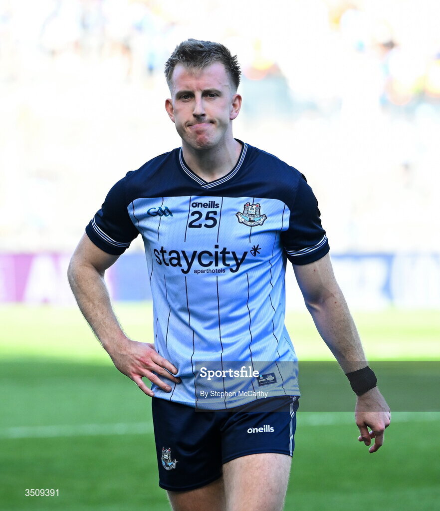 12 July 2026; Seán Bugler of Dublin dejected after the GAA Football All-Ireland Senior Championship semi-final match between Dublin and Kerry at Croke Park in Dublin. Photo by Stephen McCarthy/Sportsfile