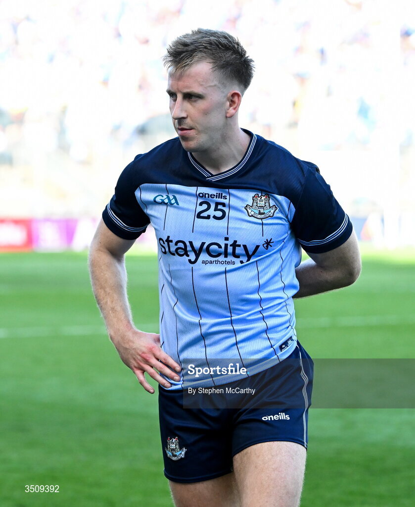 12 July 2026; Seán Bugler of Dublin dejected after the GAA Football All-Ireland Senior Championship semi-final match between Dublin and Kerry at Croke Park in Dublin. Photo by Stephen McCarthy/Sportsfile