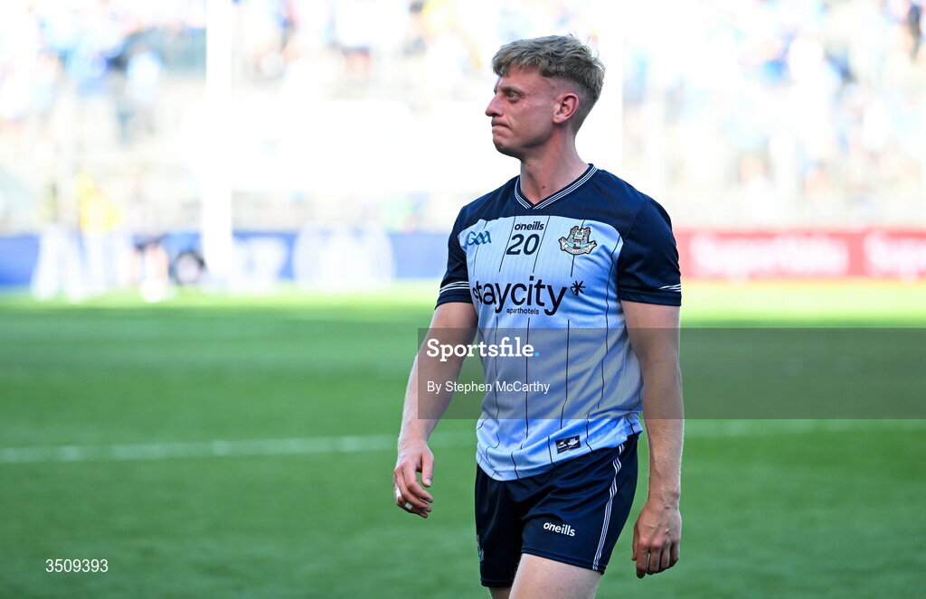 12 July 2026; Cian Murphy of Dublin dejected after the GAA Football All-Ireland Senior Championship semi-final match between Dublin and Kerry at Croke Park in Dublin. Photo by Stephen McCarthy/Sportsfile