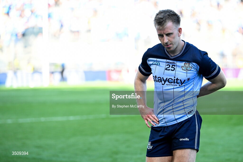 12 July 2026; Seán Bugler of Dublin dejected after the GAA Football All-Ireland Senior Championship semi-final match between Dublin and Kerry at Croke Park in Dublin. Photo by Stephen McCarthy/Sportsfile
